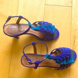 Jeffrey Campbell suede low-heeled sandal - deep blue and teal. 2.5 inch heal.